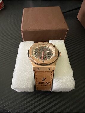Hublot Rose Gold-Tone Skeleton Dial Brown Leather Strap Watch